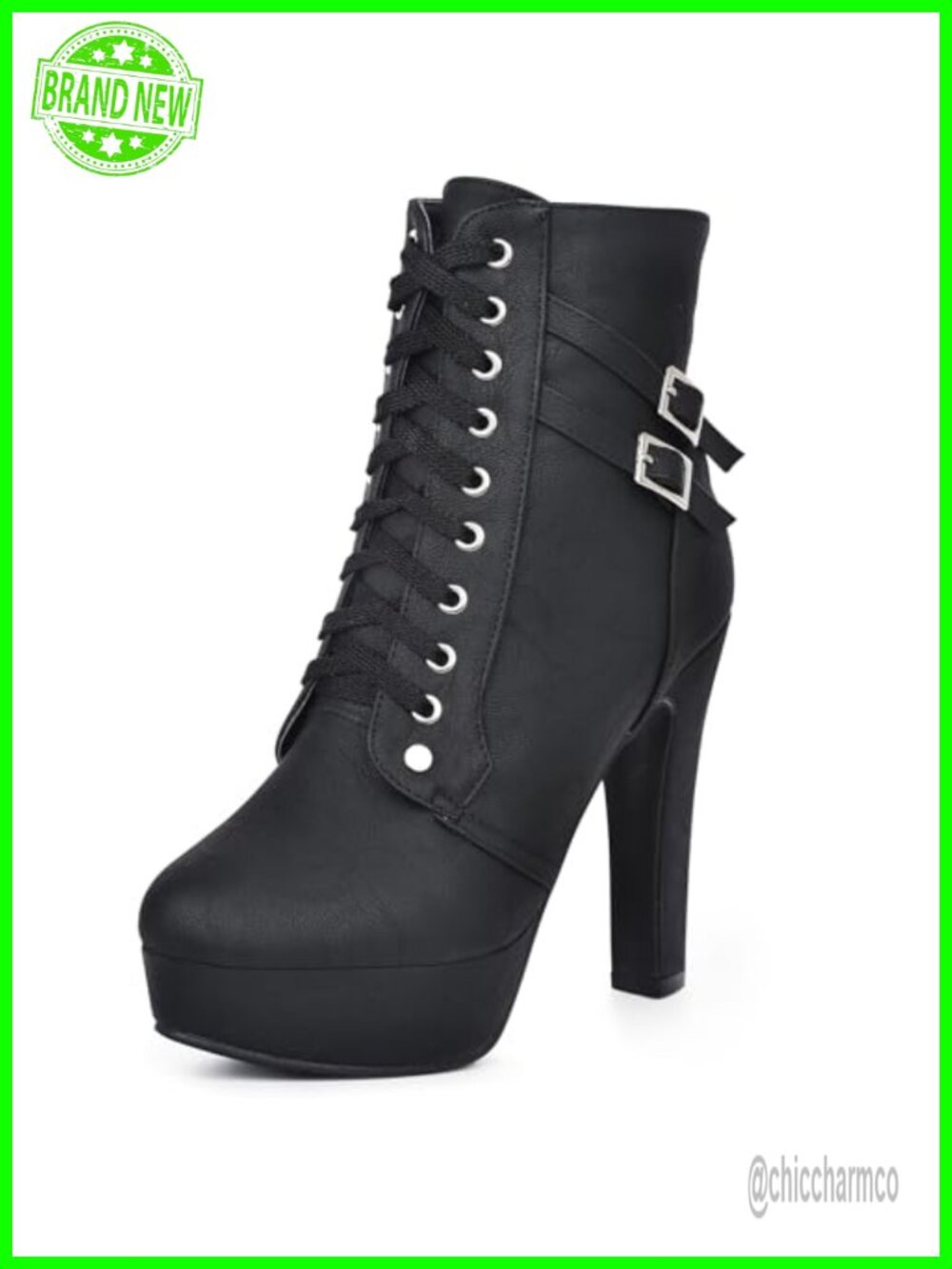 Platform High Heel Mid Calf Boots Round Toe Lace Up Chunky Heel